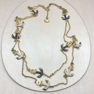 Lilly Pulitzer Gold Anchor Long Necklace with Blue and White Enamel